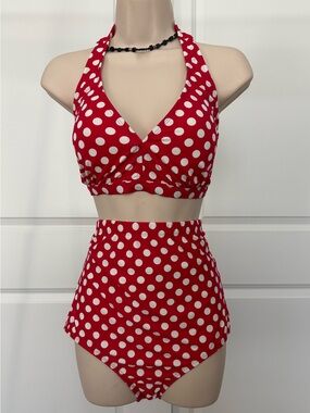Retro Style Red & White Polka Dot High-Waist Bikini Set Size 14 - NEW WITH TAGS!